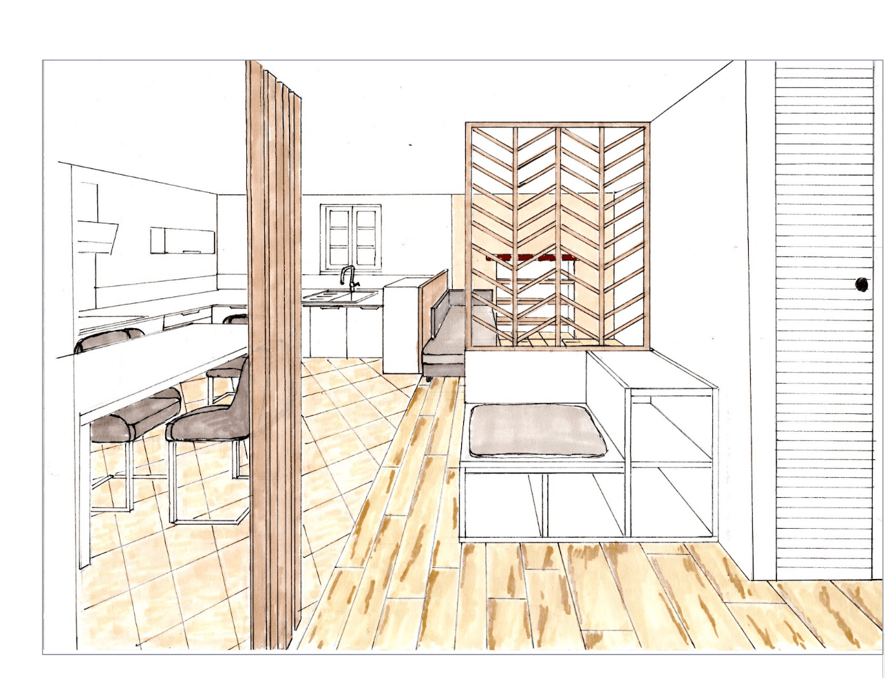 projet Carine Bordas architecte d'intérieur illustration perspective à la main faite par Carine Bordas architecte d'intérieur